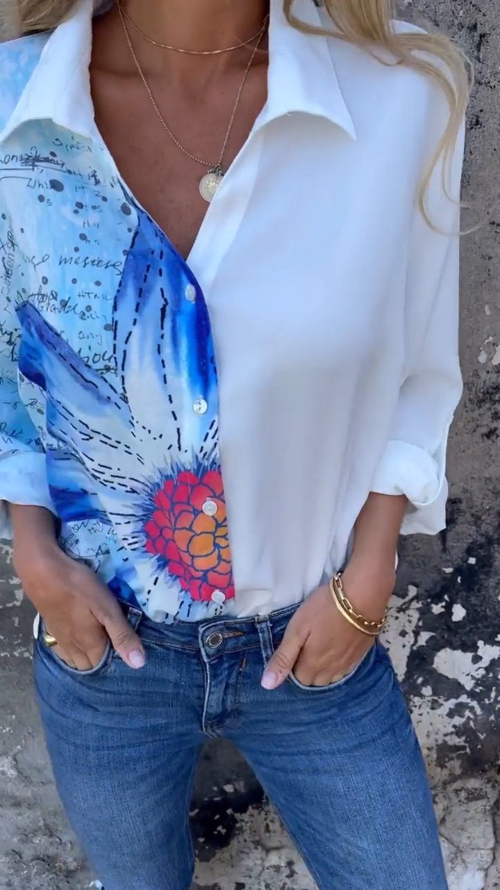 Lapel Shirt with Partial Print – Saoirse – Blue