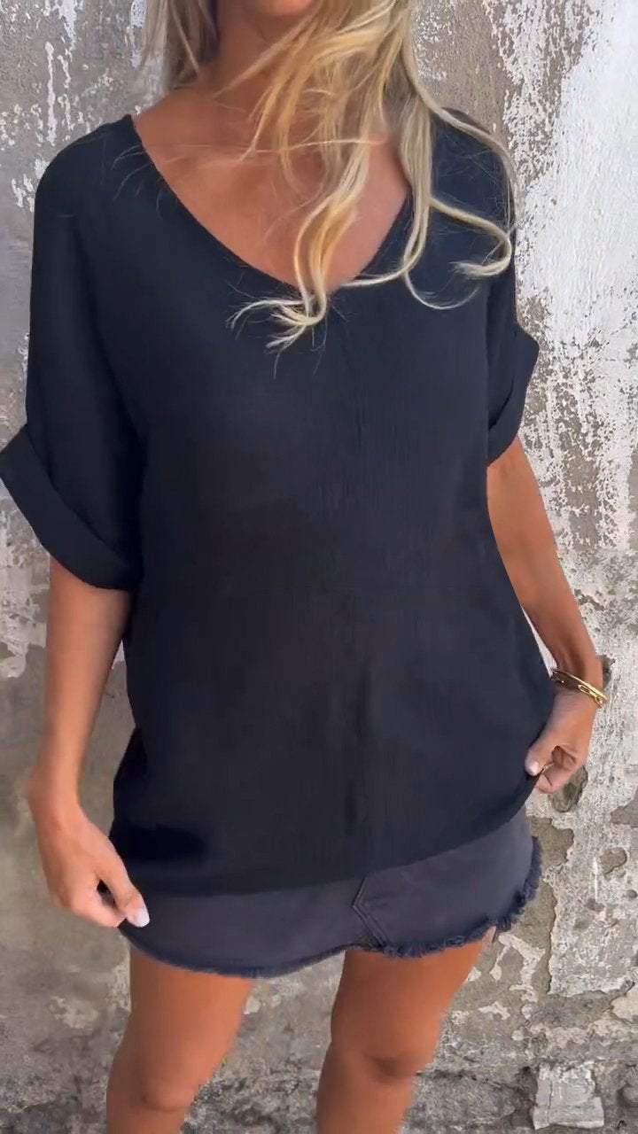 Casual V-Neck Top with Elbow Sleeves – Cordelia – Black