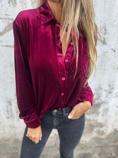 Casual Velvet Long-Sleeve Lapel Shirt – Serena – Red