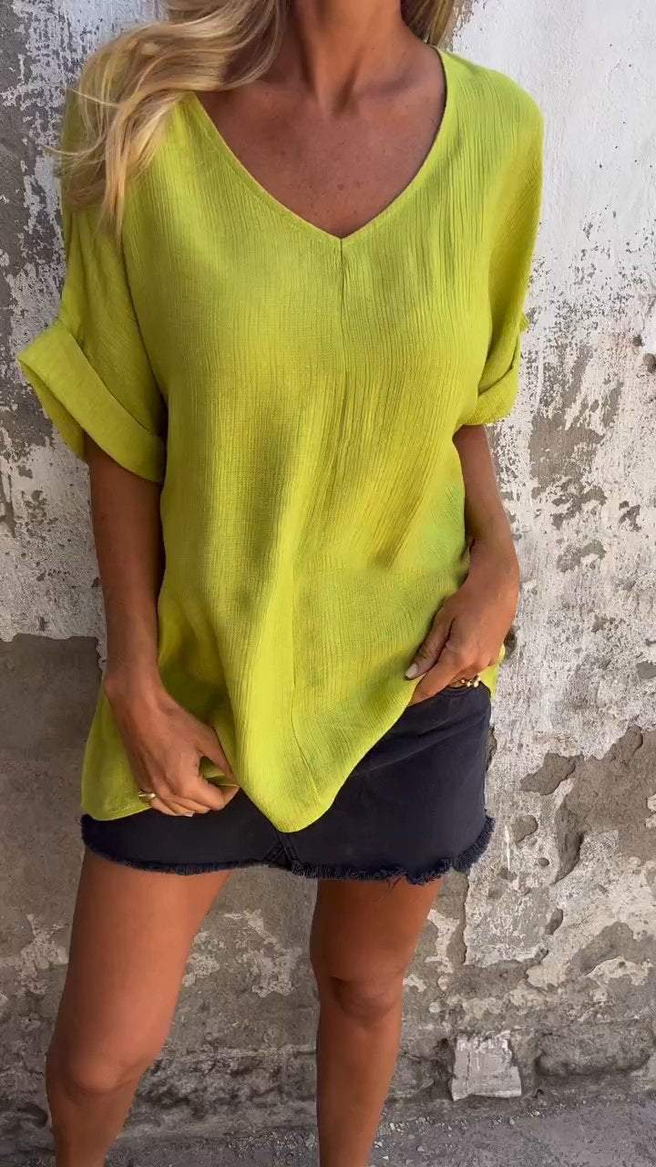 Casual V-Neck Top with Elbow Sleeves – Cordelia – Yellow