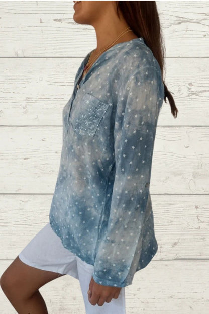 Women's Star-Print Linen Blouse with Front Pocket – Verity – view 3