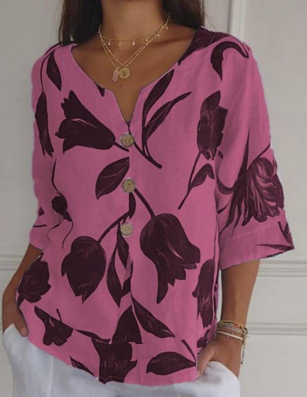 Printed Cotton-Linen Short-Sleeve V-Neck Shirt – Yolanda – Red
