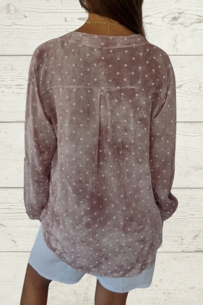Women's Star-Print Linen Blouse with Front Pocket – Verity – view 5