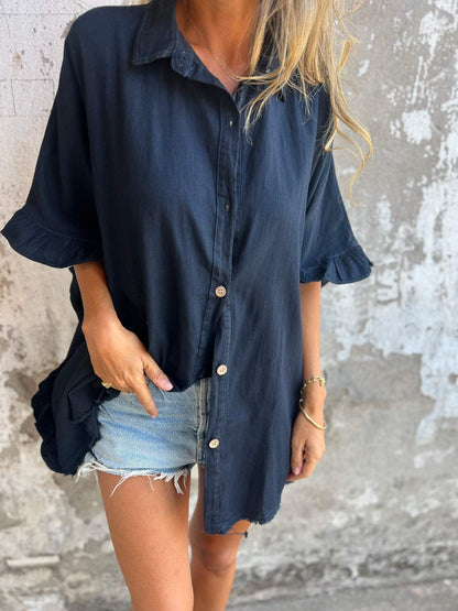 Cotton-Linen Shirt with Scalloped Hem – Amalia