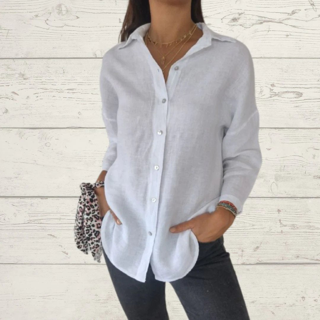 Cotton-Linen Long-Sleeve Lapel Shirt – Dorothea – White