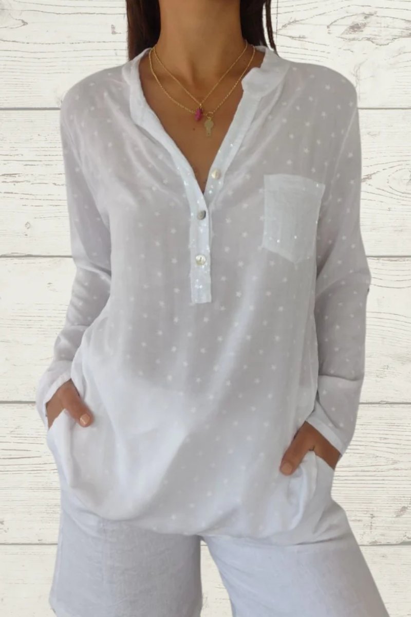 Women's Star-Print Linen Blouse with Front Pocket – Verity – White