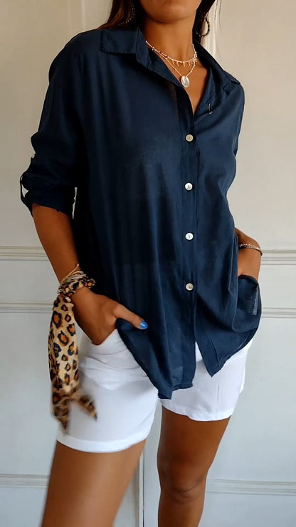 Cotton-Linen Lapel Shirt with 3/4 Sleeves – Georgina – Blue