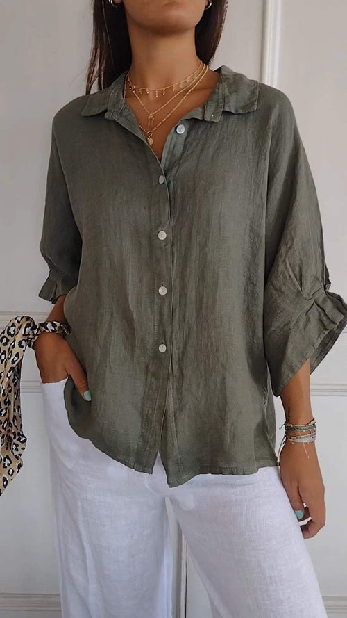 Casual Cotton-Linen Shirt with Tie Back and Lapel – Giselle – Military Green