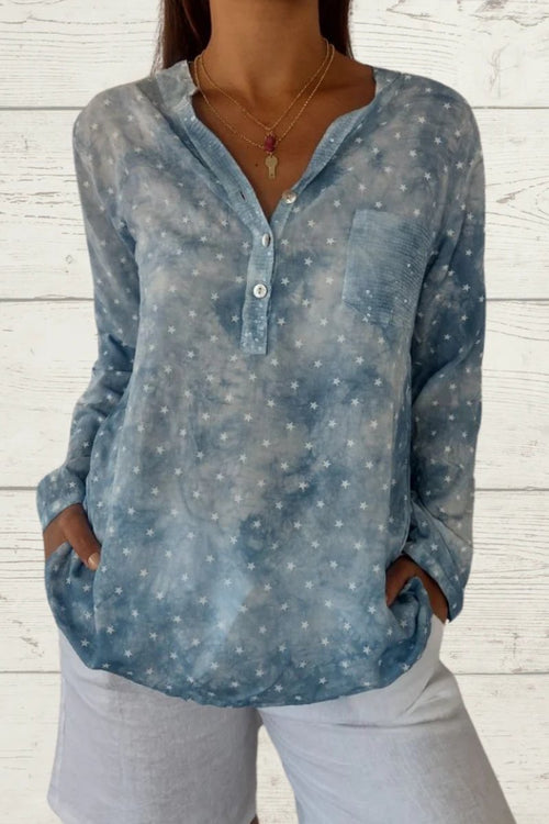 Women's Star-Print Linen Blouse with Front Pocket – Verity – Blue