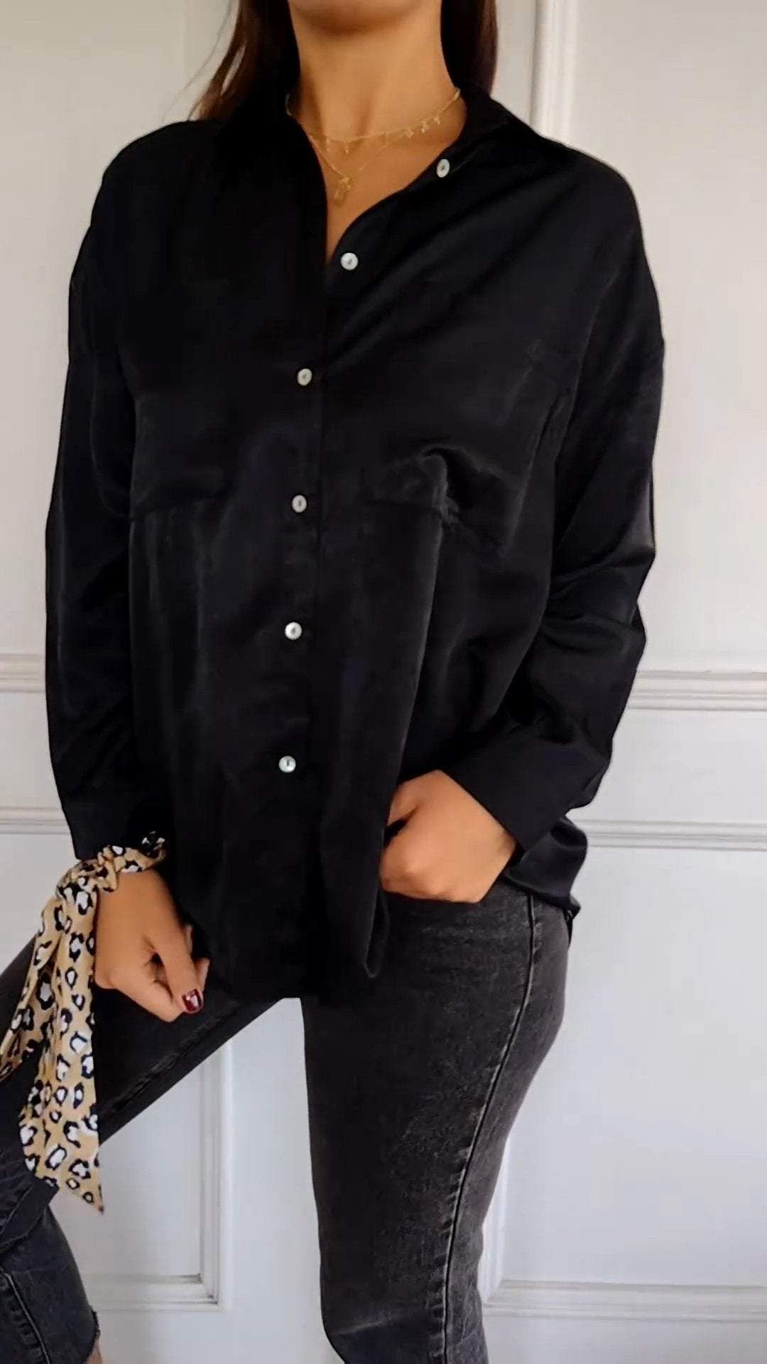 Casual Long-Sleeve Lapel Shirt – Alessandra – Black