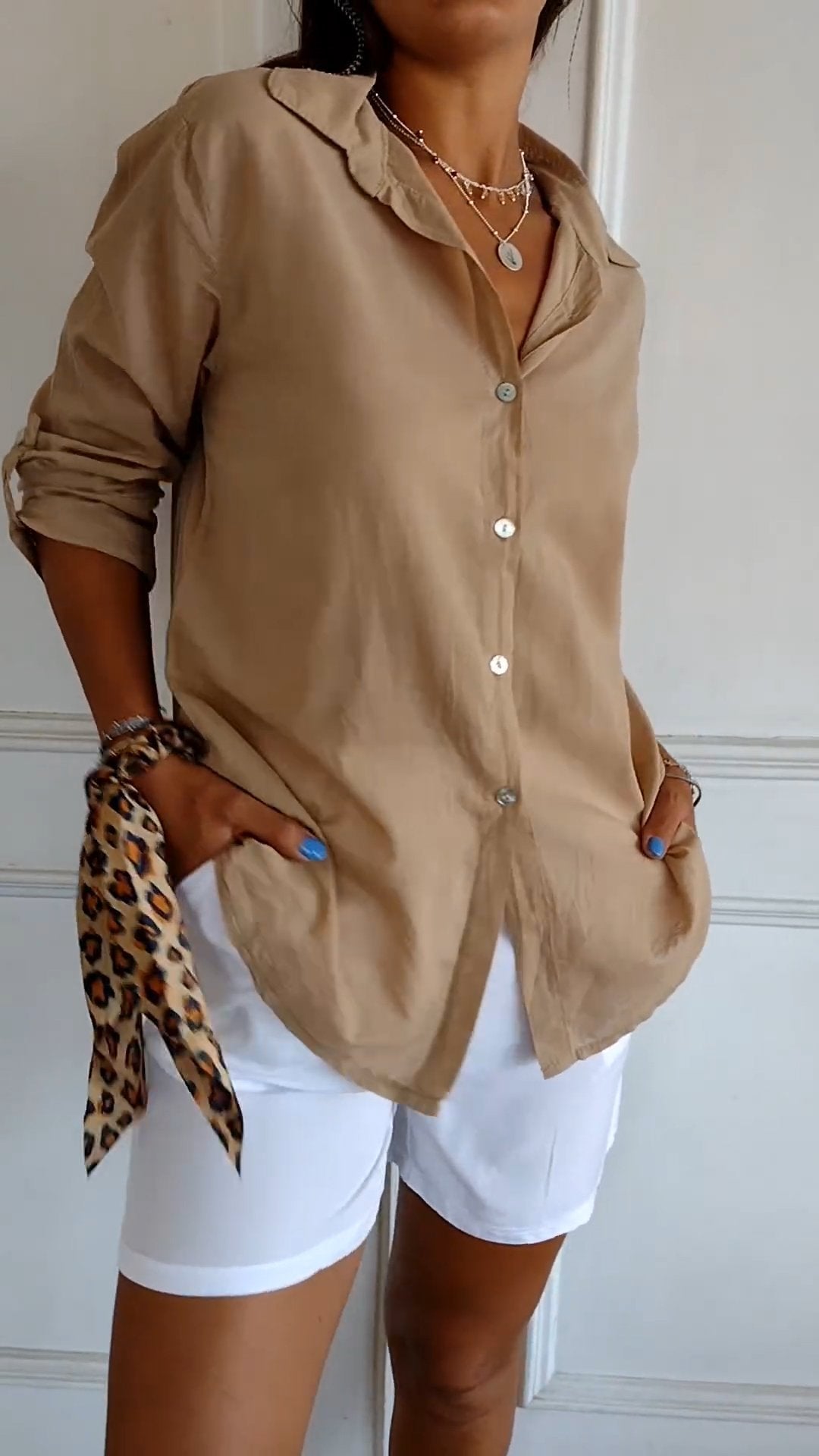 Cotton-Linen Lapel Shirt with 3/4 Sleeves – Georgina – Khaki
