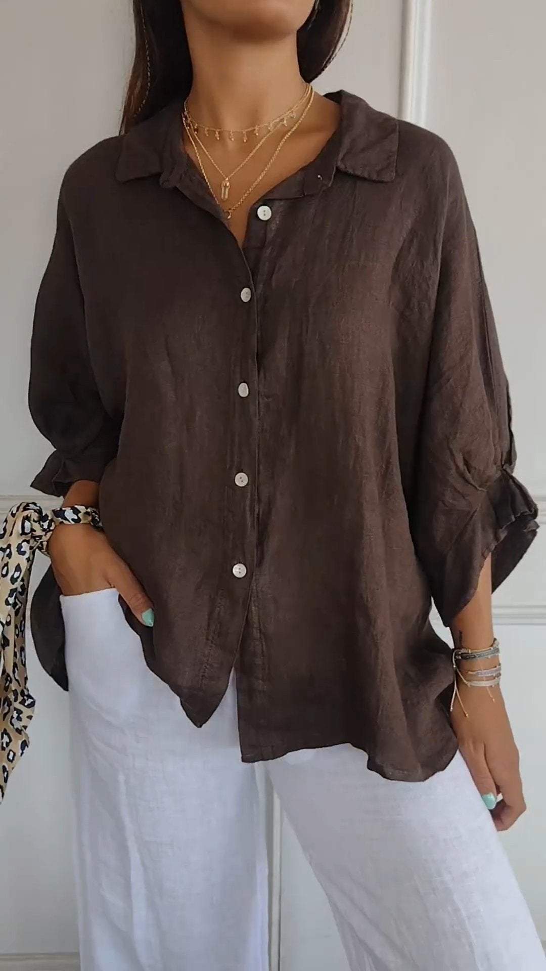 Casual Cotton-Linen Shirt with Tie Back and Lapel – Giselle – Dark Brown
