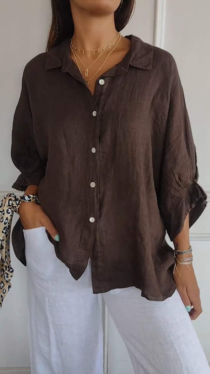 Casual Cotton-Linen Shirt with Tie Back and Lapel – Giselle – Dark Brown