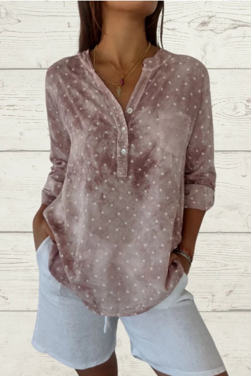 Women's Star-Print Linen Blouse with Front Pocket – Verity – view 4