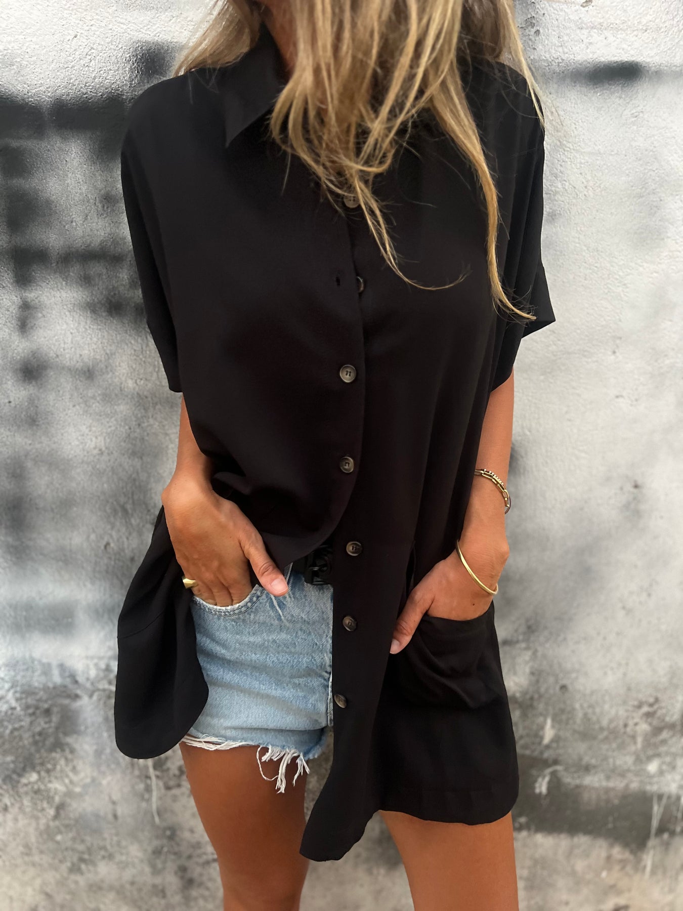 Comfort Long Cotton-Linen Shirt – Amara – Black
