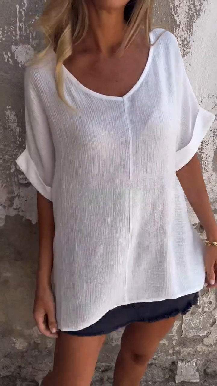 Casual V-Neck Top with Elbow Sleeves – Cordelia – White