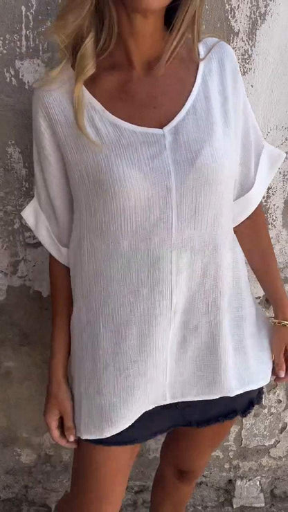 Casual V-Neck Top with Elbow Sleeves – Cordelia – White