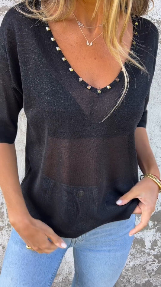 V-Neck Tee with Stud Detail – Theodora – Black