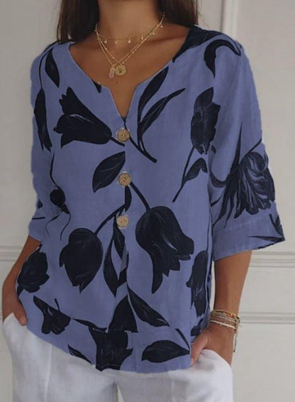 Printed Cotton-Linen Short-Sleeve V-Neck Shirt – Yolanda – Blue