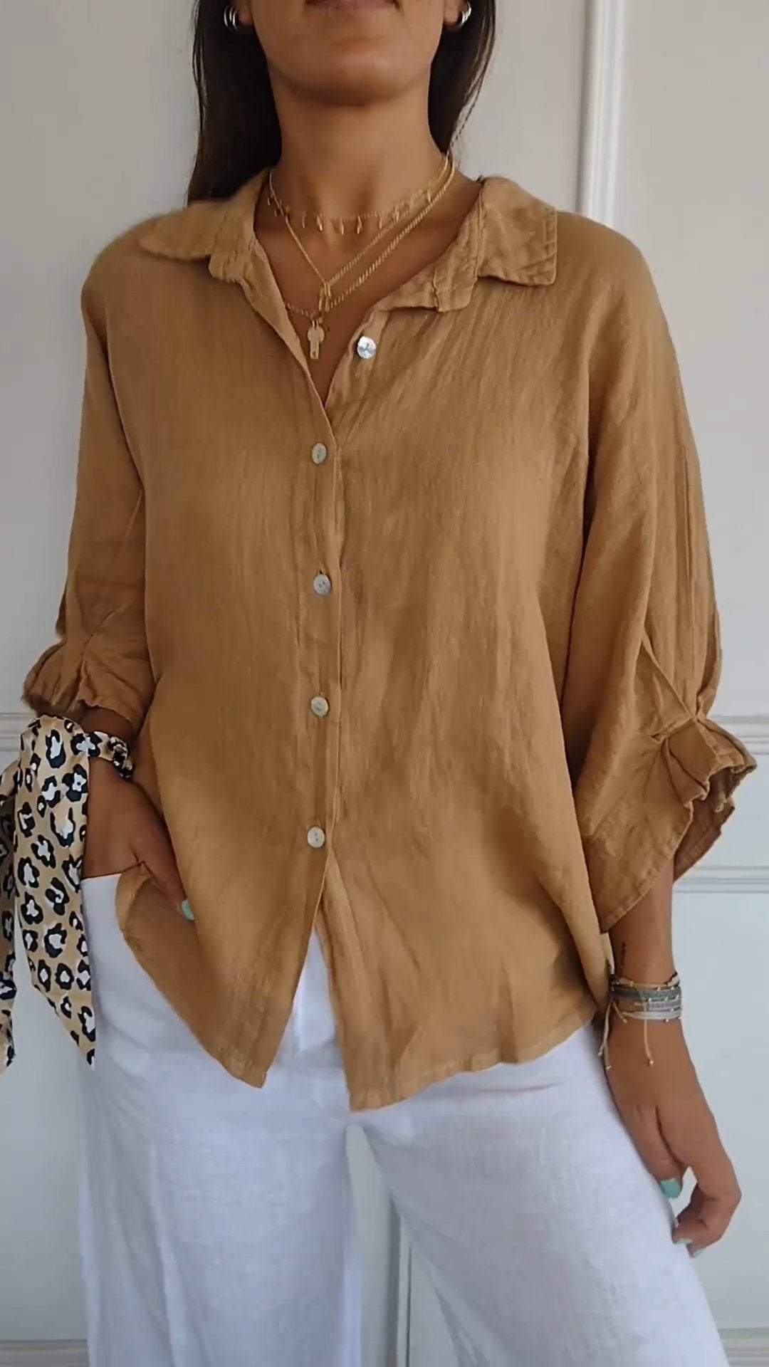 Casual Cotton-Linen Shirt with Tie Back and Lapel – Giselle – Khaki
