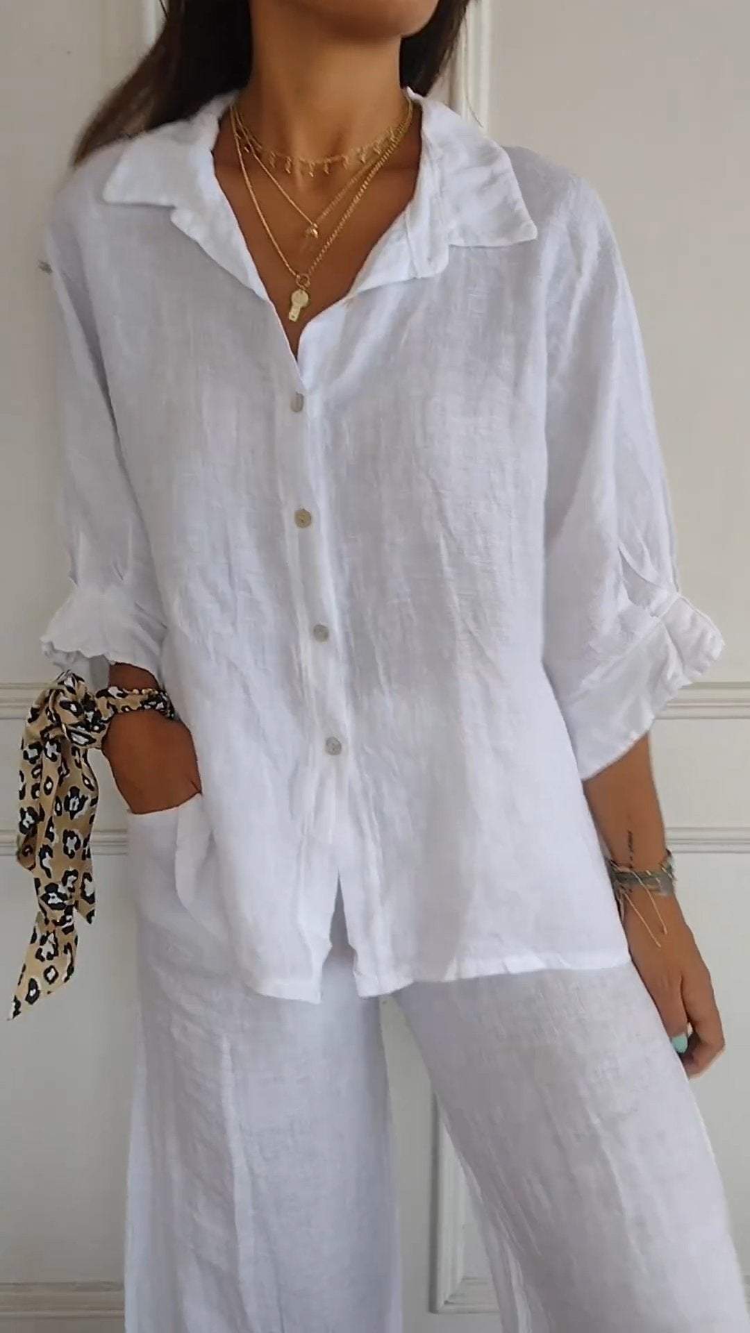 Casual Cotton-Linen Shirt with Tie Back and Lapel – Giselle – White