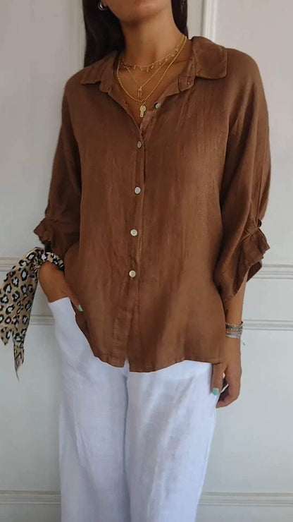 Casual Cotton-Linen Shirt with Tie Back and Lapel – Giselle – Brown