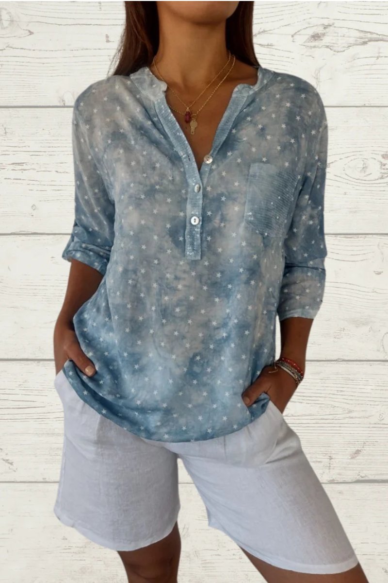 Women's Star-Print Linen Blouse with Front Pocket – Verity