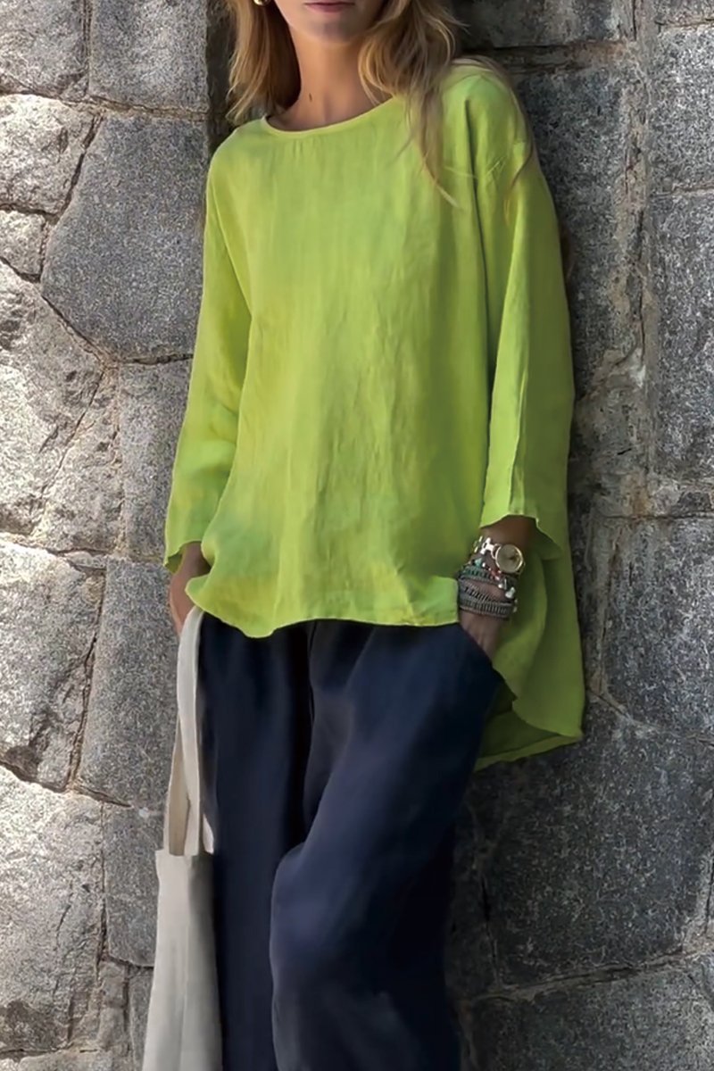Solid Cotton-Linen Long-Sleeve Tee – Rowan – Lime Green