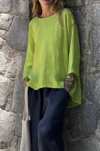 Solid Cotton-Linen Long-Sleeve Tee – Rowan – Lime Green