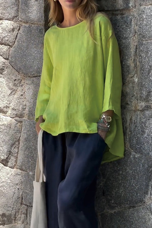 Solid Cotton-Linen Long-Sleeve Tee – Rowan – Lime Green