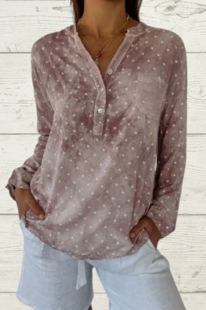Women's Star-Print Linen Blouse with Front Pocket – Verity – Red