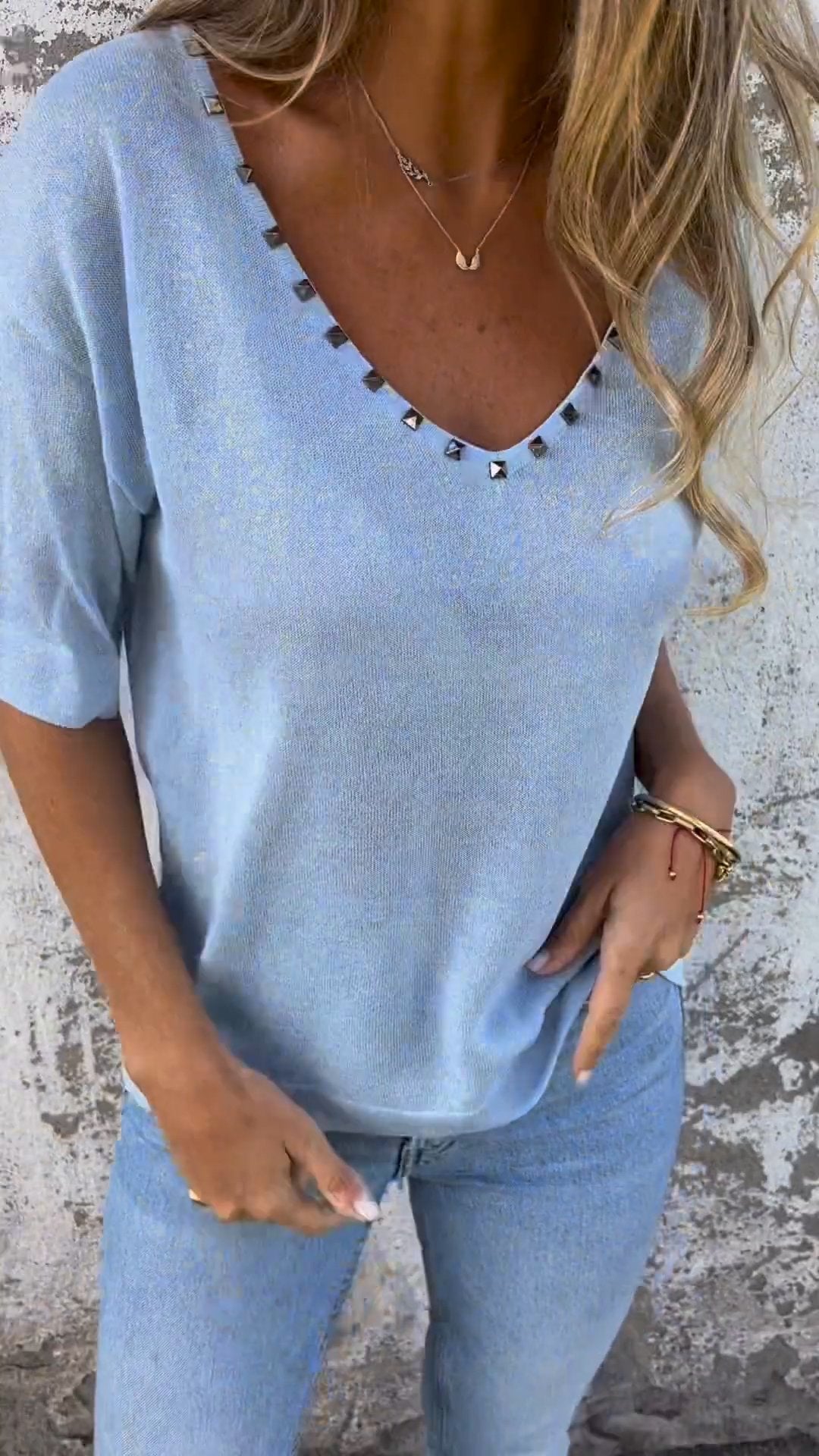 V-Neck Tee with Stud Detail – Theodora – Light Blue