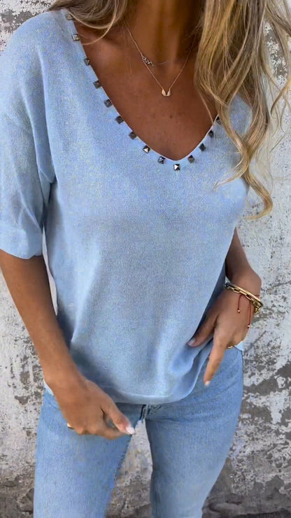 V-Neck Tee with Stud Detail – Theodora – Light Blue