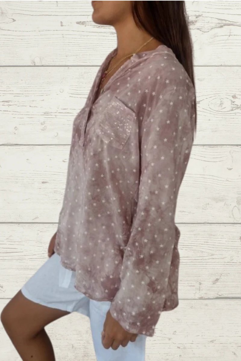 Women's Star-Print Linen Blouse with Front Pocket – Verity – view 6