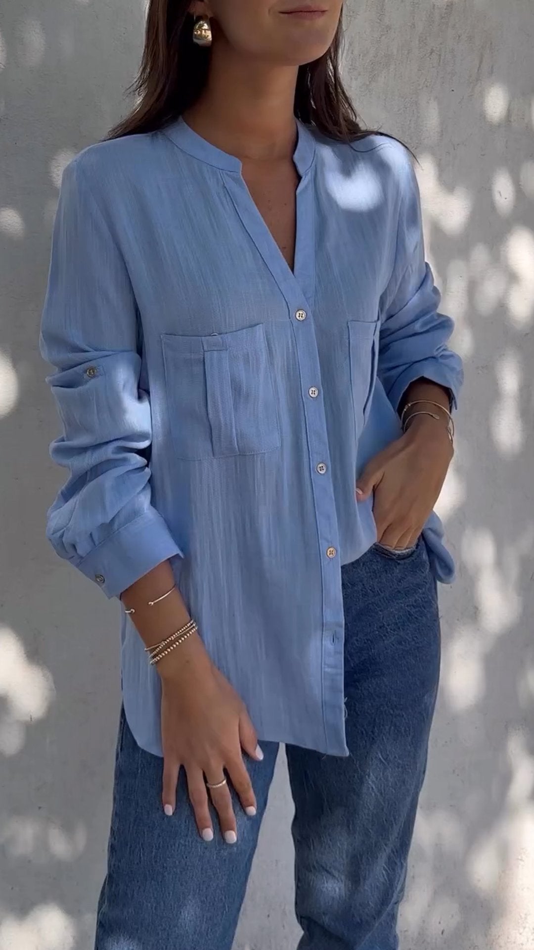 Casual Cotton-Linen V-Neck Shirt – Faye – Blue