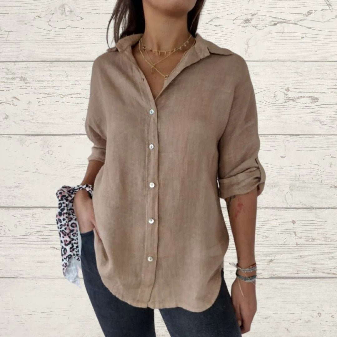 Cotton-Linen Long-Sleeve Lapel Shirt – Dorothea – Brown