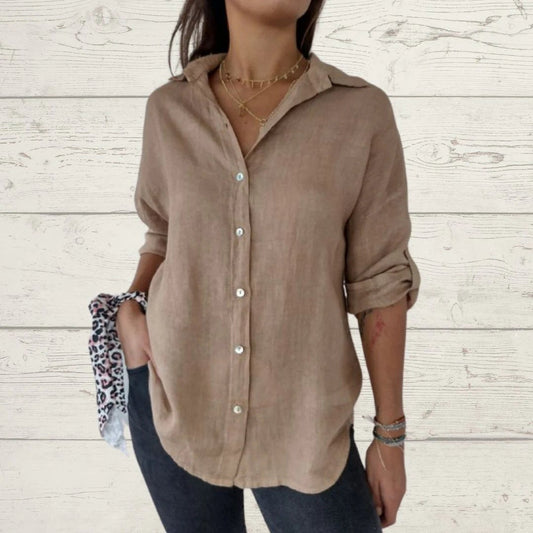 Cotton-Linen Long-Sleeve Lapel Shirt – Dorothea – Brown