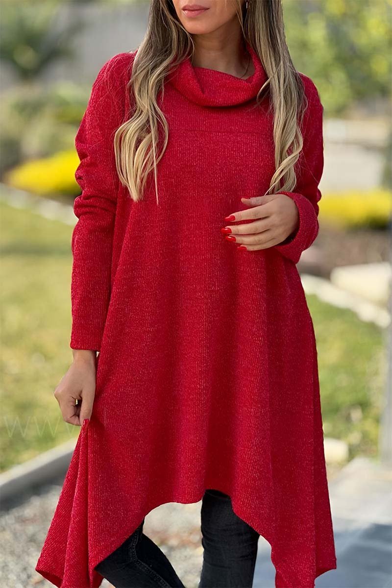 Women's Casual Turtleneck Long-Sleeve Tee with Asymmetric Hem – Simone – Red
