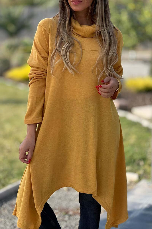 Women's Casual Turtleneck Long-Sleeve Tee with Asymmetric Hem – Simone – Yellow