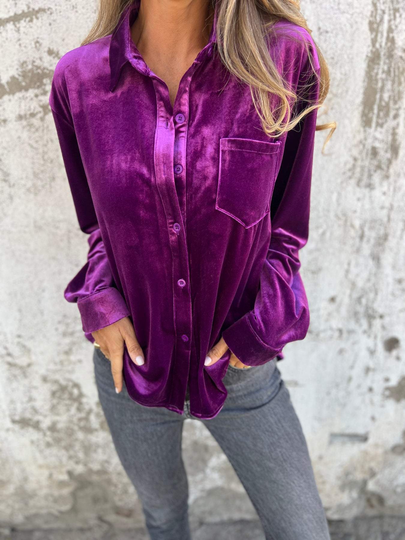 Casual Velvet Long-Sleeve Lapel Shirt – Serena – Purple