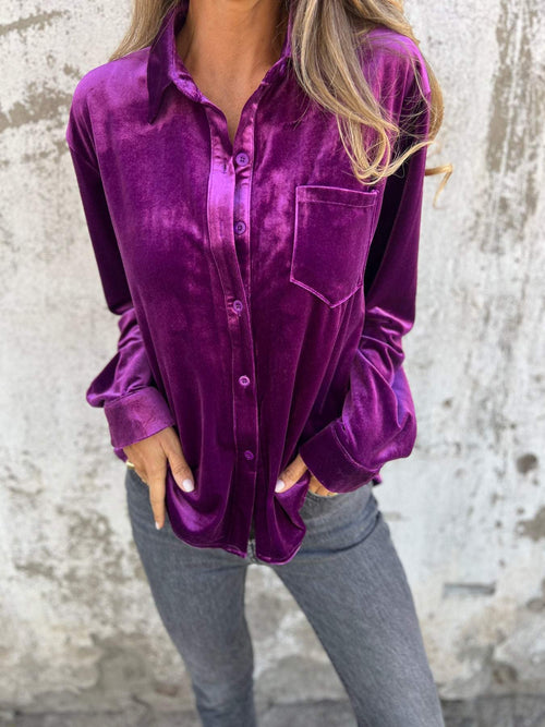 Casual Velvet Long-Sleeve Lapel Shirt – Serena – Purple