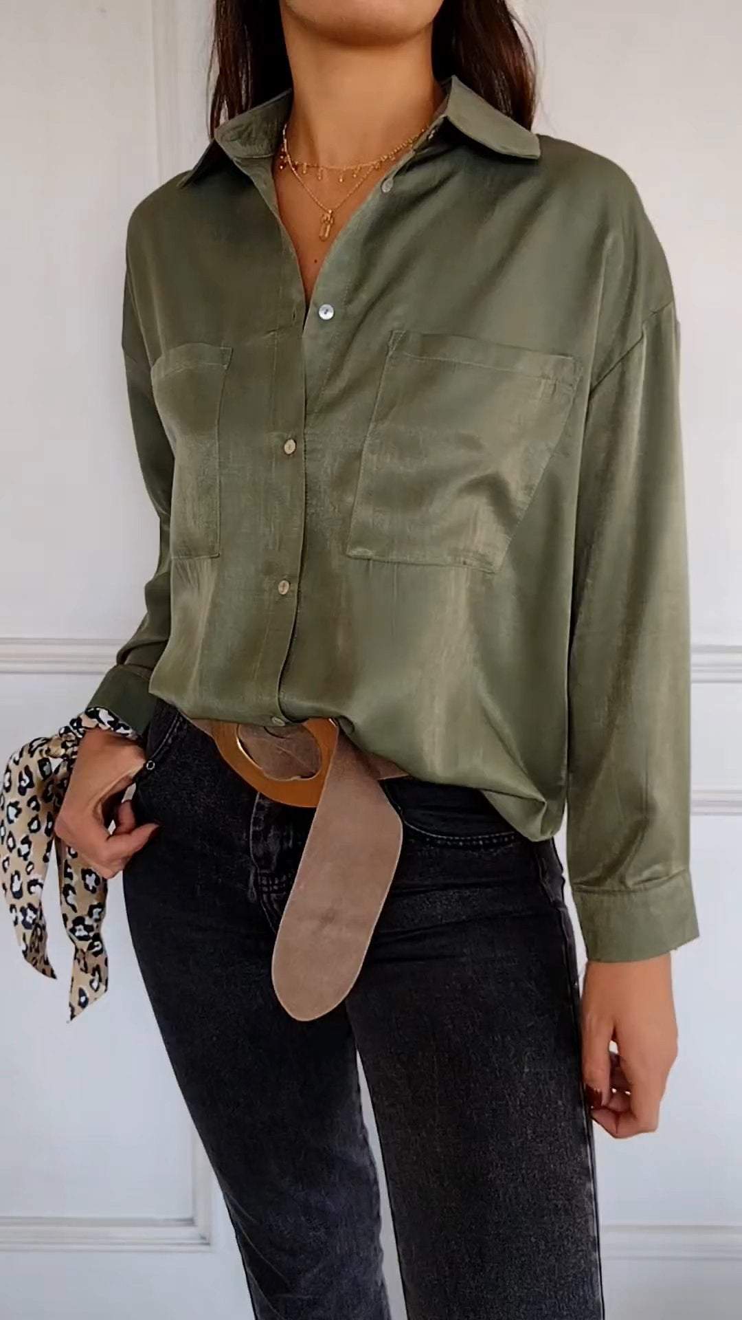 Casual Long-Sleeve Lapel Shirt – Alessandra – Military Green