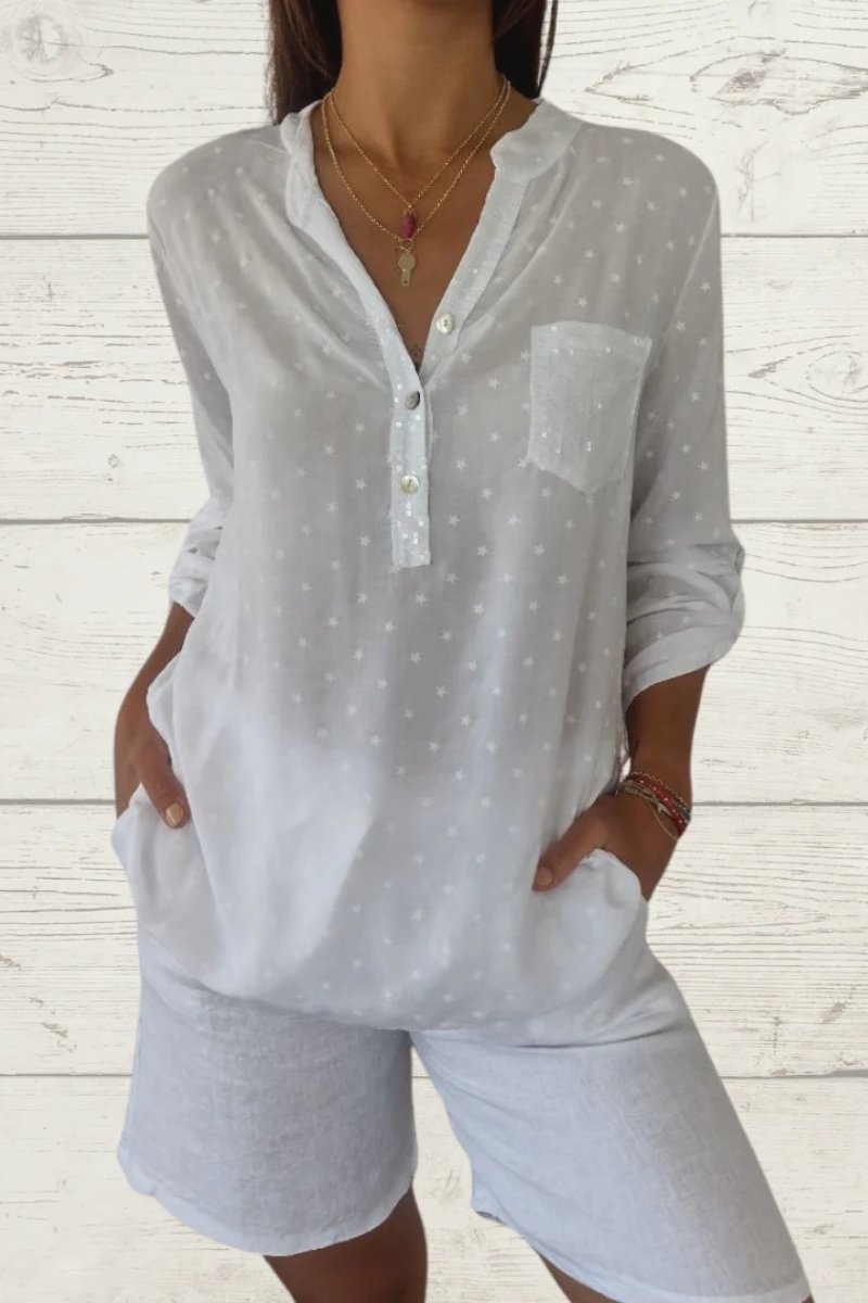 Women's Star-Print Linen Blouse with Front Pocket – Verity – view 7
