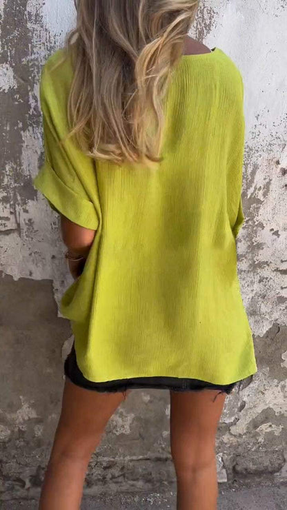 Casual V-Neck Top with Elbow Sleeves – Cordelia