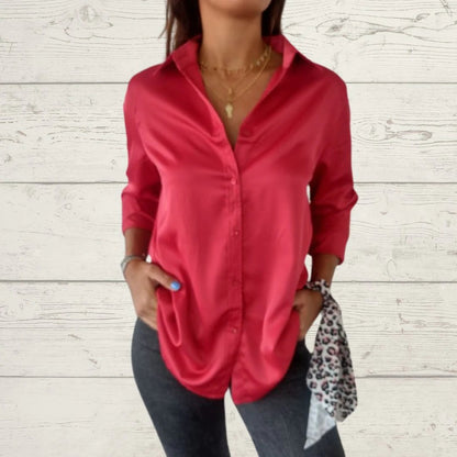 Satin Long-Sleeve Lapel Shirt – Idris – Red