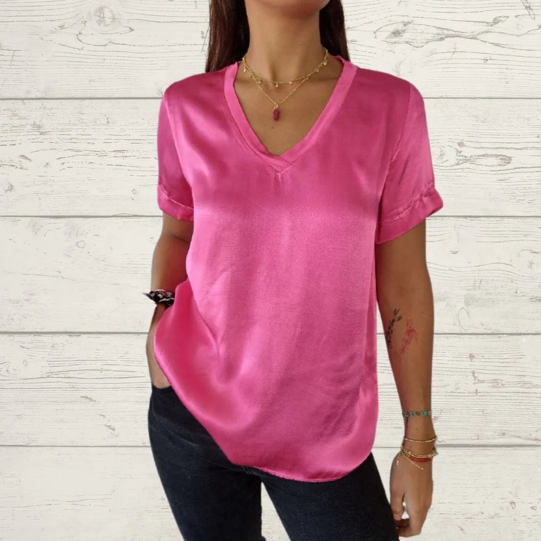 Satin V-Neck Tee – Primrose – Pink