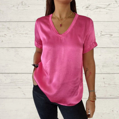 Satin V-Neck Tee – Primrose – Pink