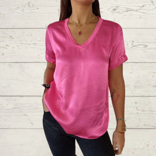 Satin V-Neck Tee – Primrose – Pink