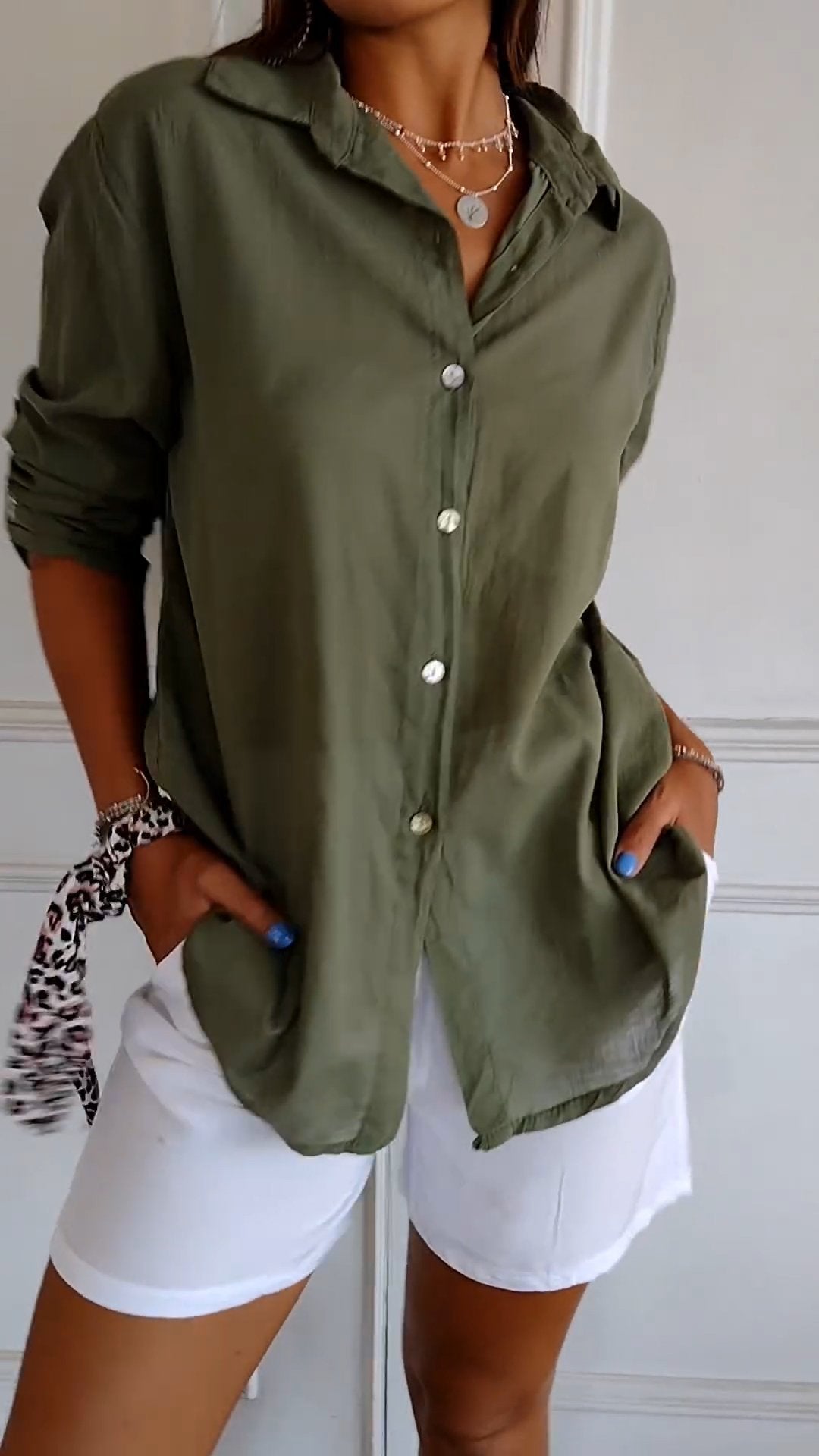 Cotton-Linen Lapel Shirt with 3/4 Sleeves – Georgina – Green