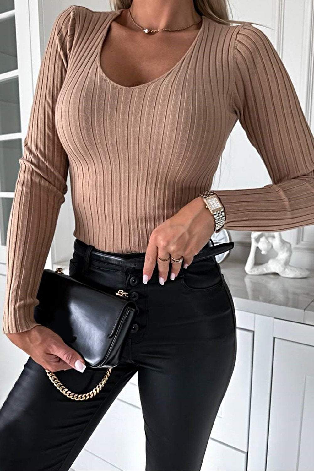 Women's Slim Solid Textured Stretch Blouse – Candela – Khaki